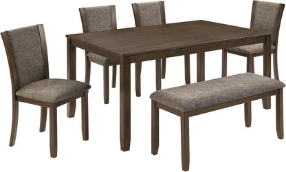 JIJIWANG 6-Piece Dining Table Set with Bench and Chairs, Wooden Dining Table for 6 People, Farmhouse Rustic Style 6 Person Dining Table Set for Dining Room Kitchen Dark Walnut