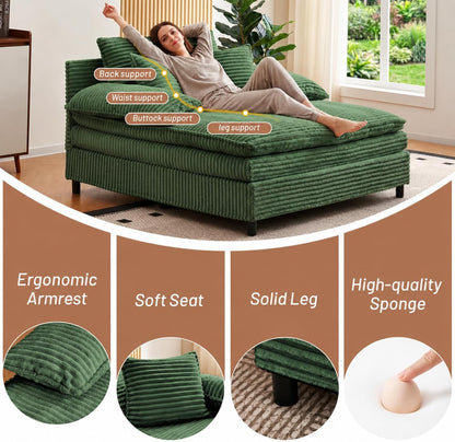 55" W Reclining Chaise Lounge Chair Indoor with 4-Gear Adjustable Backrest, Oversized Deep Seat Recliner with Comfy Pillows, Single Sleeper Sofa Bed, Cloud Couches for Living Room-Green