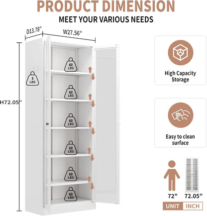 Metal Kitchen Pantry Cabinet, 72" Tall Storage with 5 Adjustable Shelves, White Freestanding Cabinet for Kitchen Pantry Bathroom, 14" Narrow Cabinet with Glass Door