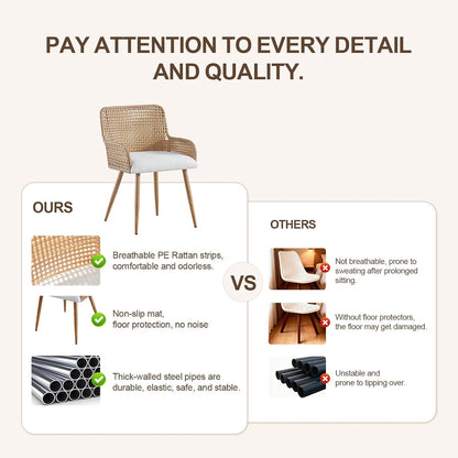 Rattan Dining Chairs Set of 2, Modern Upholstered Boucle Fabric Dining Chairs,Kitchen Room Chairs with Solid Metal Legs and Rattan Back,Brown