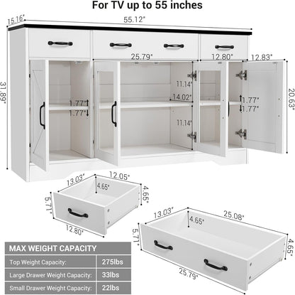 Homdox 55" Buffet Cabinet with Storage, Modern Farmhouse Sideboard with Adjustable Shelves and Glass Doors, Large Wood Coffee Bar Cabinet for Kitchen, Living Room, White