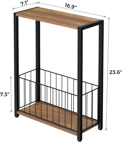 Homleke Narrow Side Table with Magazine Holder, Skinny End Table Perfect for Small Spaces, Space-Saving Design for Living Room, Bedroom, or Office, 7.1" D x 16.9" W x 23.6" H, Rustic Walnut
