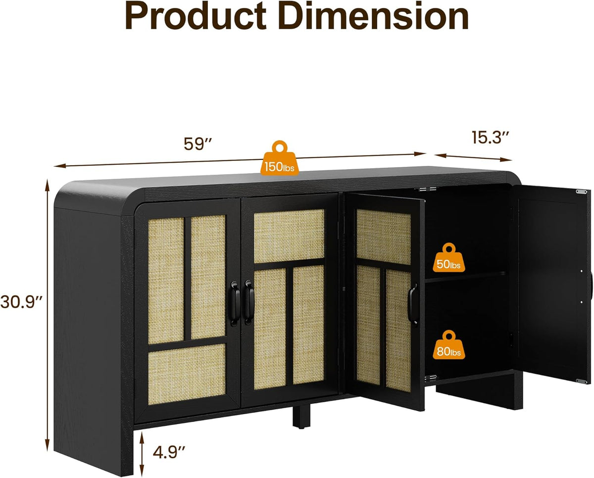 RoyalCraft Buffet Cabinet with Storage Sideboard Accent Farmhouse Credenza with 4 Doors & Shelves Rattan 59" Media Console Boho Coffee Bar Table for Living Room Kitchen Dining Room Hallway
