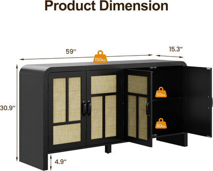 RoyalCraft Buffet Cabinet with Storage Sideboard Accent Farmhouse Credenza with 4 Doors & Shelves Rattan 59" Media Console Boho Coffee Bar Table for Living Room Kitchen Dining Room Hallway