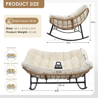 RADIATA Double Egg Rocking Chair for 2, Oversized Rattan Recliner Loveseat with Padded Cushion, Heavy Duty Comfy Large Papasan Rocker for Reading Outdoor Patio Balcony Backyard Indoor, Beige