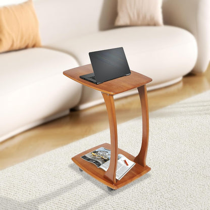 Solid Wood End Table with Rolling Wheels, C Shaped Side Table, TV Tray Table Small Accent Table, Couch Table That Slide Under for Small Space, Living Room, Bedroom or Office (Brown)