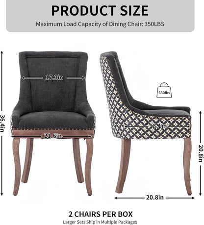 Modern Dining Chairs Set of 6, Fabric Upholstered High Back Chairs with Nailhead Trim and Curved Solid Wood Legs, Sillas de Comedor Accent Chairs for Dining Room, Black & Patterned