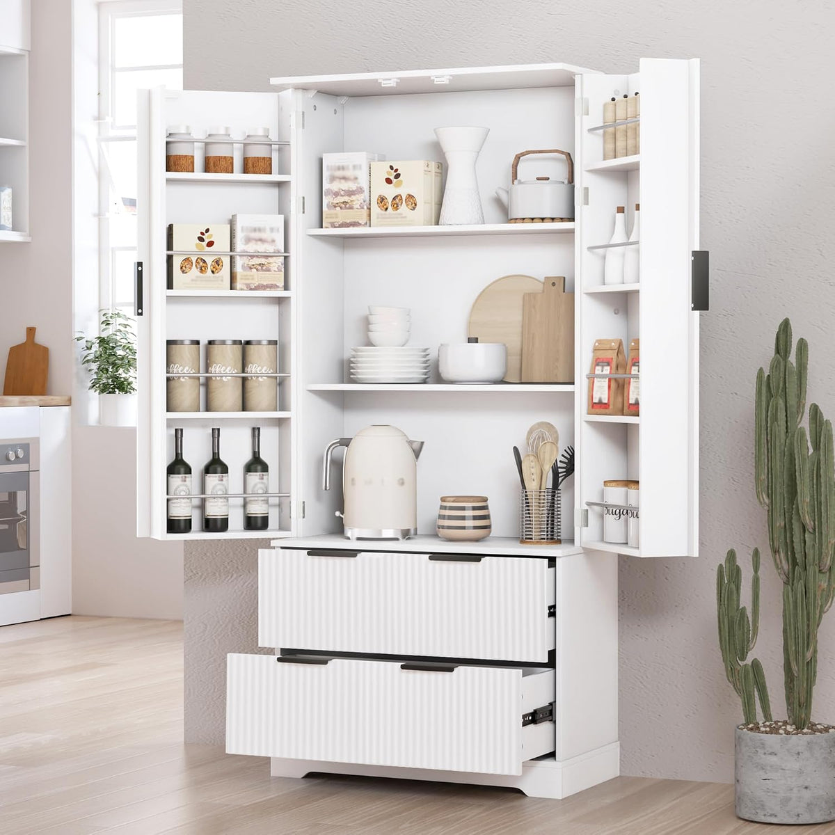 72'' Tall Farmhouse Pantry Cabinet with 2 Drawers and 2 Doors – Grooved MDF Freestanding Storage Cabinet for Kitchen, Bathroom, Entryway, or Dining Room (White)