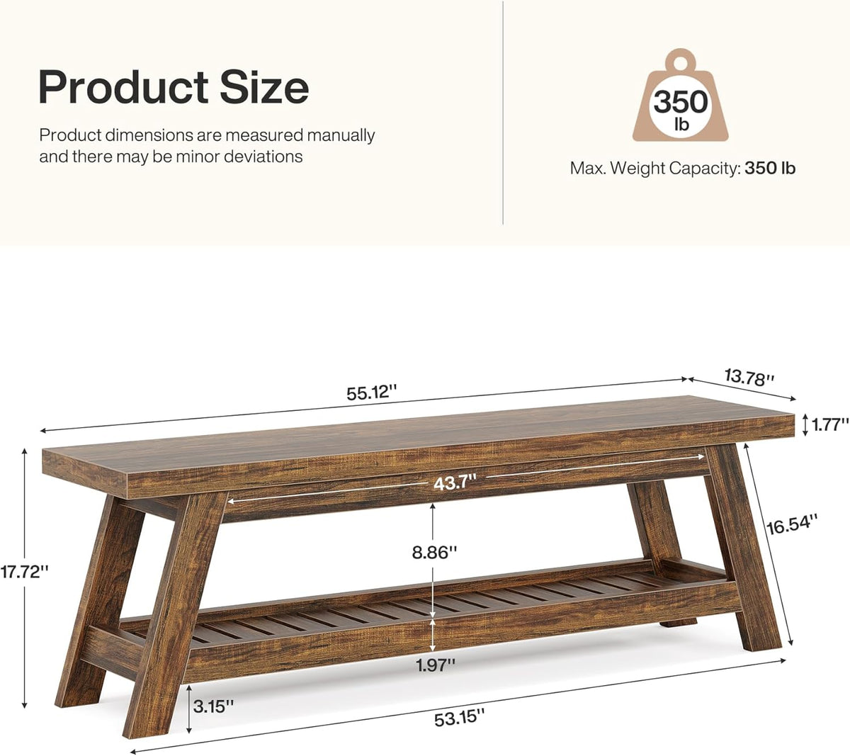 Tribesigns 55" Large Wood Entryway Bench with Shoe Storage, 2-Tier Rustic Brown Narrow Hallway Foyer Seating Bench with Open Shelves for Entryway, Bedroom, Mudroom