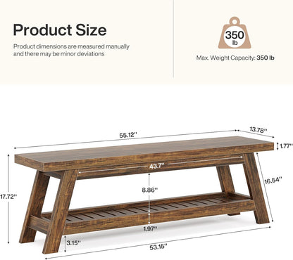 Tribesigns 55" Large Wood Entryway Bench with Shoe Storage, 2-Tier Rustic Brown Narrow Hallway Foyer Seating Bench with Open Shelves for Entryway, Bedroom, Mudroom