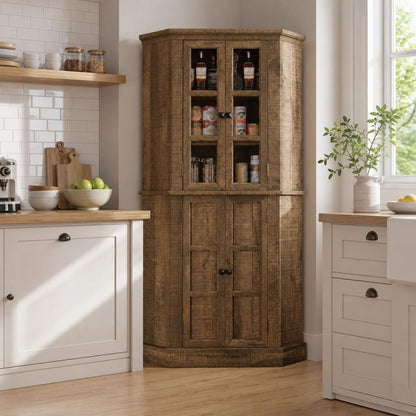 Betterhood Corner Cabinet, 67" Tall Kitchen Pantry Storage Cabinet with Glass Doors and Adjustable Shelves, Freestanding Food Pantry Farmhouse Furniture for Kitchen,Living Room, Rustic Brown