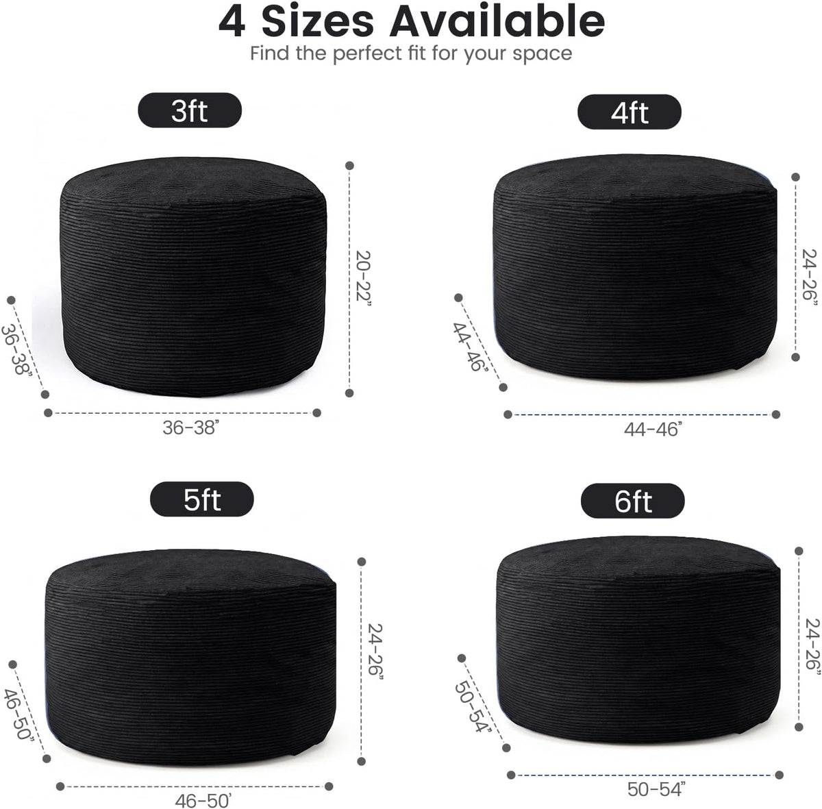 Bean Bag Chairs for Teens, 3FT Bean Bag with Memory Foam Filling, Bean Bag Chairs with Plush Microfiber Removable Cover, Cozy Sofa for Reading, Gaming- Black