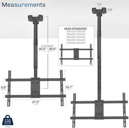 VIVO Black TV Ceiling Mount for 43 to 86 inch Screens, MOUNT-VC86-3 | Full Swivel, Telescoping Height Adjustment, 3ft Extension Pole, Fits Pitched/Vaulted Roof, Max VESA 600x400mm, Holds 132 lbs