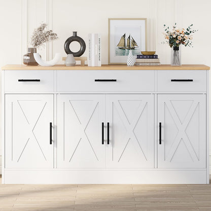 Shintenchi Buffet Cabinet with Storage,53.4" Large Kitchen Storage Cabinet with 3 Drawers and 4 Doors,Wood Farmhouse Buffet Sideboard with Adjustable Shelf for Kitchen Living Room, White
