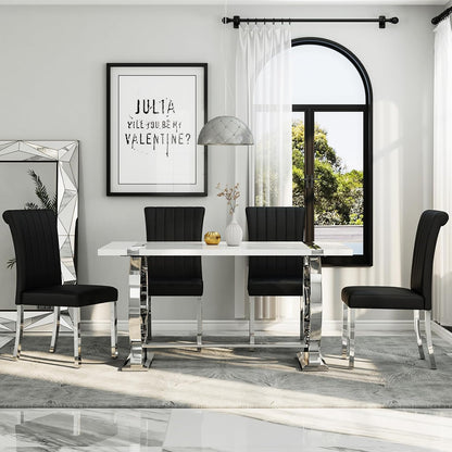 Asday Black and Silver Dining Chairs Set of 2, Modern Faux Leather Upholstered Dining Room Chairs with High Back and Metal Chrome Legs for Kitchen, Living Room, Restaurant, Apartment