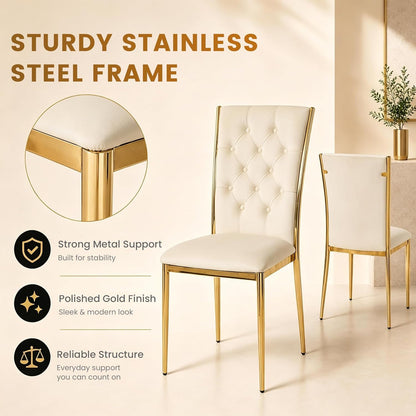 Velvet Dining Chairs Set of 4, Modern Kitchen Chair with Gold Metal Legs, Luxury Upholstered Tufted Dining Room Chairs for Home, Apartment, Living Room - Beige