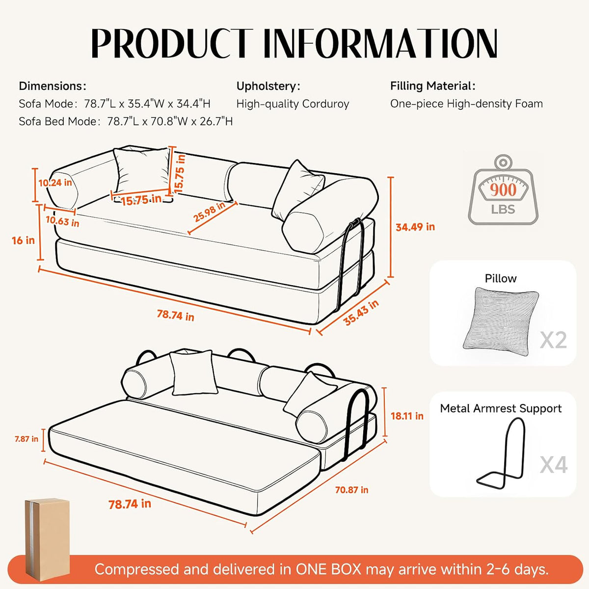 79" Corduroy Sofa Bed, Couch in a Box with 2 Pillows, High-Density Foam 4-in-1 Foldable Sleeper Futon Loveseat for Small Spaces, No Assembly, Side Pockets, Hex Arm Orange