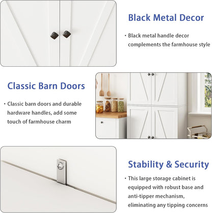 CARPETNAL Farmhouse Pantry Cabinet Set of 2, 72" Tall Wooden Storage Cabinet with 4 Barn Doors & Adjustable Shelf & Square Knobs, Freestanding Kitchen Pantry for Dining Room, Bathroom, White