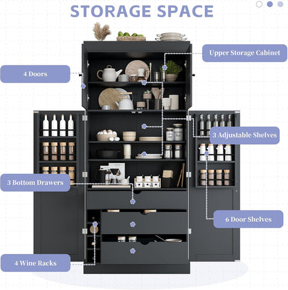 77'' Tall Freestanding Kitchen Pantry, Kitchen Storage Cabinets with Adjustable Shelves, Door Shelves, Drawers and Wine Racks, Versatile Cupboard for Dining Room, Living Room,Grey