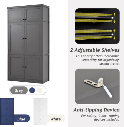 Merax Kitchen Pantry Storage Cabinet, Freestanding Buffet Cabinet with Microwave Stand & 2 Power Outlets,Kitchen Hutch with Door Shelves, Adjustable Shelves,Drawers and Wine Rack, Grey