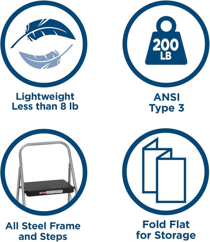 CoscoProducts COSCO 11137PBL1E 2 Household Folding Step Stool, ANSI Type 3, 200 lb Weight Capacity, Platinum