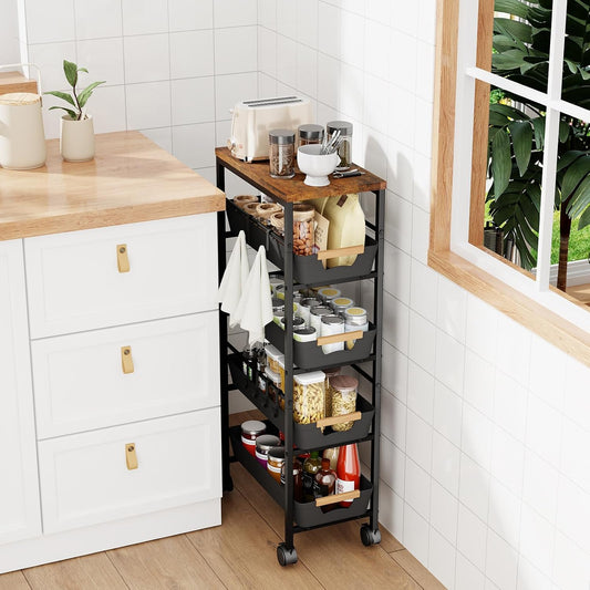 5-Tier Slim Storage Cart, Wooden Top Rolling Kitchen Cart with Pull-Out Baskets & Wheels, Narrow Space Utility Cart Slide Out Organizer for Kitchen, Bathroom, Laundry Room, Black