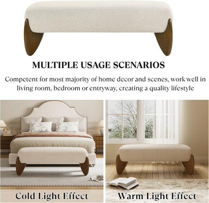 Ya-Home Modern Boucle Bedroom Bench, 50” Upholstered End of Bed Bench with Comfy Seat/Solid Wood Legs, Wooden Entryway Window Ottoman Bench for Living Room/Hallway, Beige