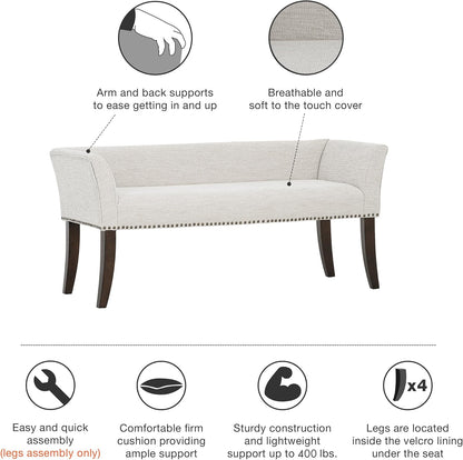 Madison Park Accent Bench for Living Room, Upholstered with Nailhead Trim, & Padded Seat Entryway Bench Small, End of Bed Bench with Back, 49.5" W x 19.25" D x 23" H, White Cream