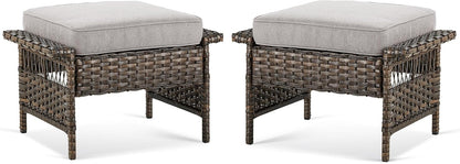 Patio Ottomans 2 Piece Outdoor Wicker Ottomans PE Rattan Footrest with Thickened Cushions Footstools for Garden Sunroom Deck Porch Balcony Poolside, Ottomans(2PCS), Brown|Beige