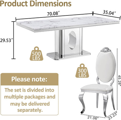 AF ARTISAN FURNITURE 7 Piece White Marble Dining Table, 70'' Rectangle Faux Marble Kitchen Table Set for 6 with Silver Mirrored Finish Stainless Steel Chairs, Luxury Dining Room Table Set for 6