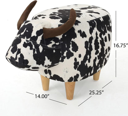 Modern Ottoman, Cow-Shaped Velvet Accent Footstool with Birch Legs for Living Room, Bedroom, Porch, Garden, Balcony Decor, Artsy Animal Print Foot Stool, Cute Foot Rest for Couch Sofa(Black + White
