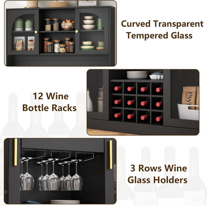 72'' Large Kitchen Pantry Cabinet with LED Light, Black Kitchen Hutch with Pegboard & Wine Racks, Modern Pantry Cupboard with Countertop & Storage Drawers, Tall Bar Cabinet for Dining Room, Home