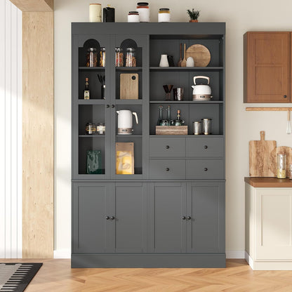 Freestanding Kitchen Pantry Cabinet with Drawers, Shelves, Gray | Freestanding tall buffet with 4 drawers, door shelves, pull-out trays, 47.2x15.7x75 inches, gray finish, for dining room