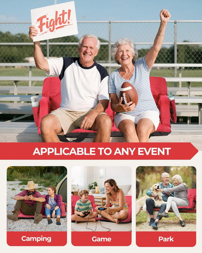 Sportneer Stadium Seats with Back Support: 2.5'' Thick Comfy Cushion 6 Adjustable Angle Bleacher Seat with Armrest - 2 Large Pockets, 2 Cup Holders Stadium Chair for Sport Events Concerts Parks