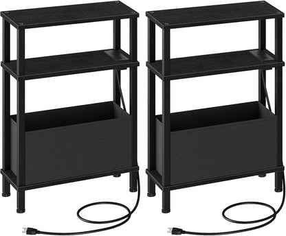 CHOEZON Set of 2 End Tables with Charging Station, Narrow Side Table for Small Spaces, Slim Nightstand with Basket, Skinny Bedside Table, for Living Room, Bedroom, Black TBZ07UP2BBN1