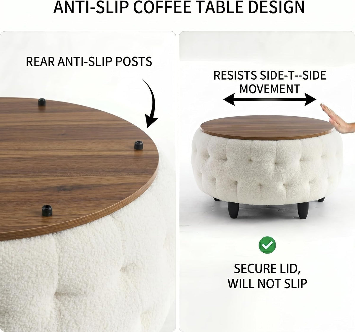 Large Round Storage Ottoman Coffee Table with Wooden Tabletop, 32 Inches Teddy Fleece Tufted Ottoman for Living Room, Bedroom, Apartments (White)