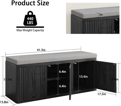 2-Tier Shoe Storage Bench with Cushion, 41.3" Entryway Bench with Padded Seat Cushion, Hidden Shoe Cabinet Storage for Hallway, Living Room, Bedroom,Black