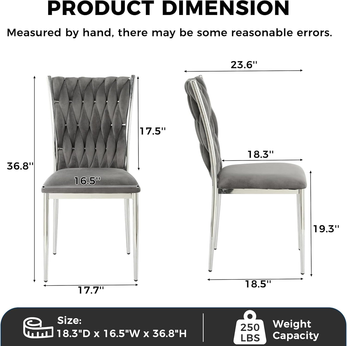 Velvet Dining Chairs Set of 4, Modern Woven Kitchen Chairs with Silver Metal Legs, Upholstered Cushion with High Back, Dirt Resistance, Easy to Install, for Living Room, Dining Room - Dark Grey