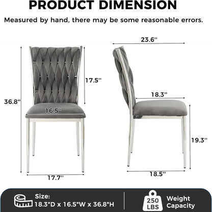 Velvet Dining Chairs Set of 4, Modern Woven Kitchen Chairs with Silver Metal Legs, Upholstered Cushion with High Back, Dirt Resistance, Easy to Install, for Living Room, Dining Room - Dark Grey