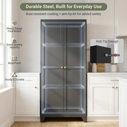 71" Metal Kitchen Storage Cabinet with Doors, Freestanding Steel Pantry Cabinet, 4 Adjustable Shelves, for Dining Room, Black