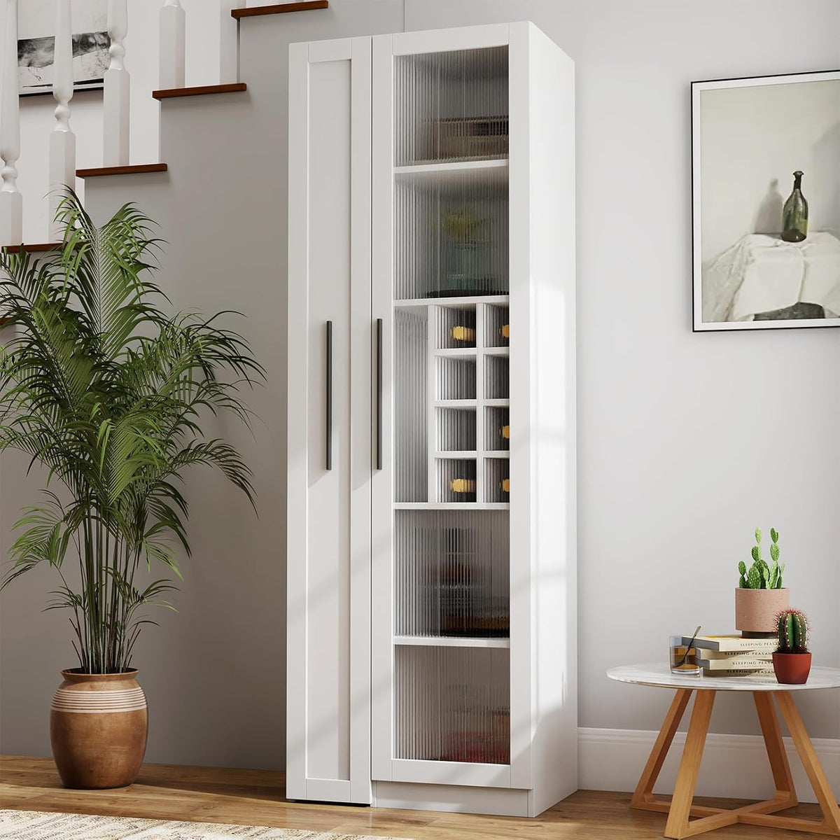 JOYSOURCE Kitchen Hutch Cabinet with 5-Tier Pull-Out Storage Shelves Tall Kitchen Pantry Wine Cabinet Slim Liquor Cabinet with Reeded Glass Door Bottle Dividers & Stemware Rack White