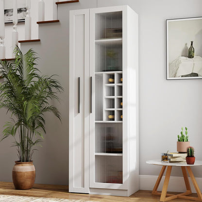JOYSOURCE Kitchen Hutch Cabinet with 5-Tier Pull-Out Storage Shelves Tall Kitchen Pantry Wine Cabinet Slim Liquor Cabinet with Reeded Glass Door Bottle Dividers & Stemware Rack White