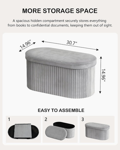 GLAXYFUR Folding Storage Ottoman, Velvet Upholstered Foot Rest, 30 Inches Oval Storage Bench for Bedroom, Living Room & Entryway (Light Grey)
