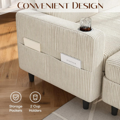 Convertible Sectional Couches for Living Room, 3 Seats L Shaped Sofa with Storage Ottoman & 2 Cup Holders, Modern Corduroy Couch Small Sofas for Small Space, Apartment, Office, Beige