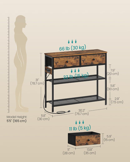 SONGMICS Console Table with Charging Station, Narrow Sofa Table with LED Lighting, for Entryway, Living Room, 11.8 x 30.2 x 31 Inches, 2 Fabric Drawers, Rustic Brown, BELLAH Collection ULGS175K101