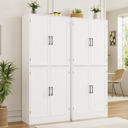 MHOM 71" Tall White Pantry Cabinet, Farmhouse Storage Cabinet with 4 Doors and Adjustable Shelves, Freestanding Pantry for Dining Room, Kitchen, and Living Room