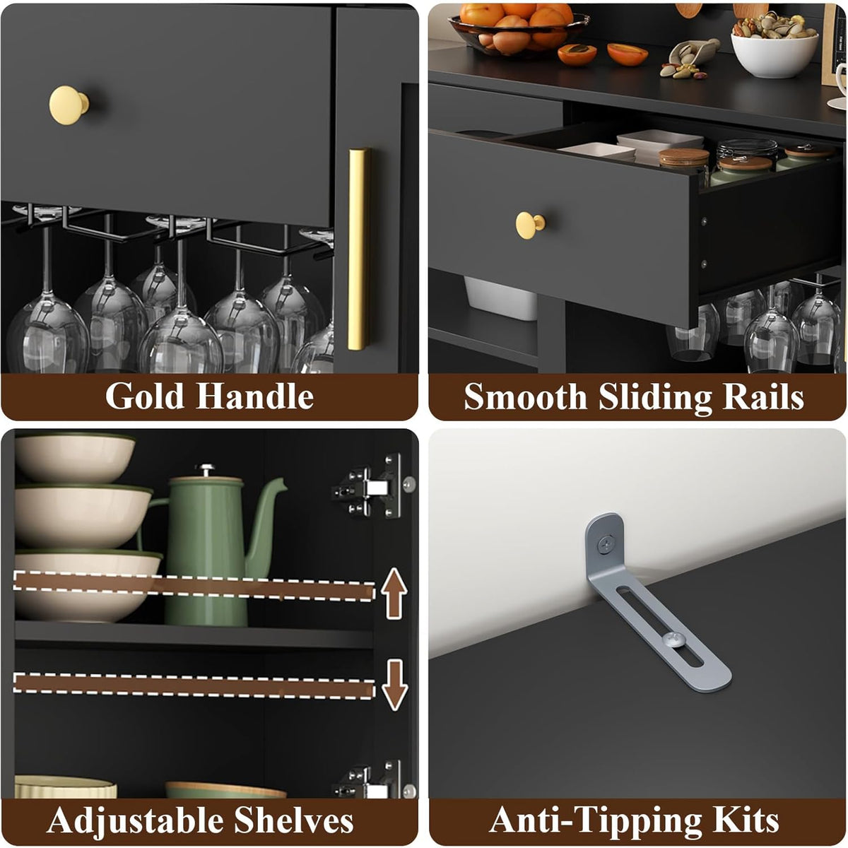 72'' Tall Kitchen Pantry Storage Cabinet with Led Light - Black Pantry Cabinet with Storage Drawers & Pegboard, Kitchen Hutches Cabinets with Wine Racks & Glass Door, Wine Bar Cabinet for Living Room