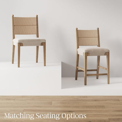 Nathan James Cove Boho Solid Wood Dining Chair with Woven Seagrass Back and Upholstered Seat, Flax/Light Brown Set of 6