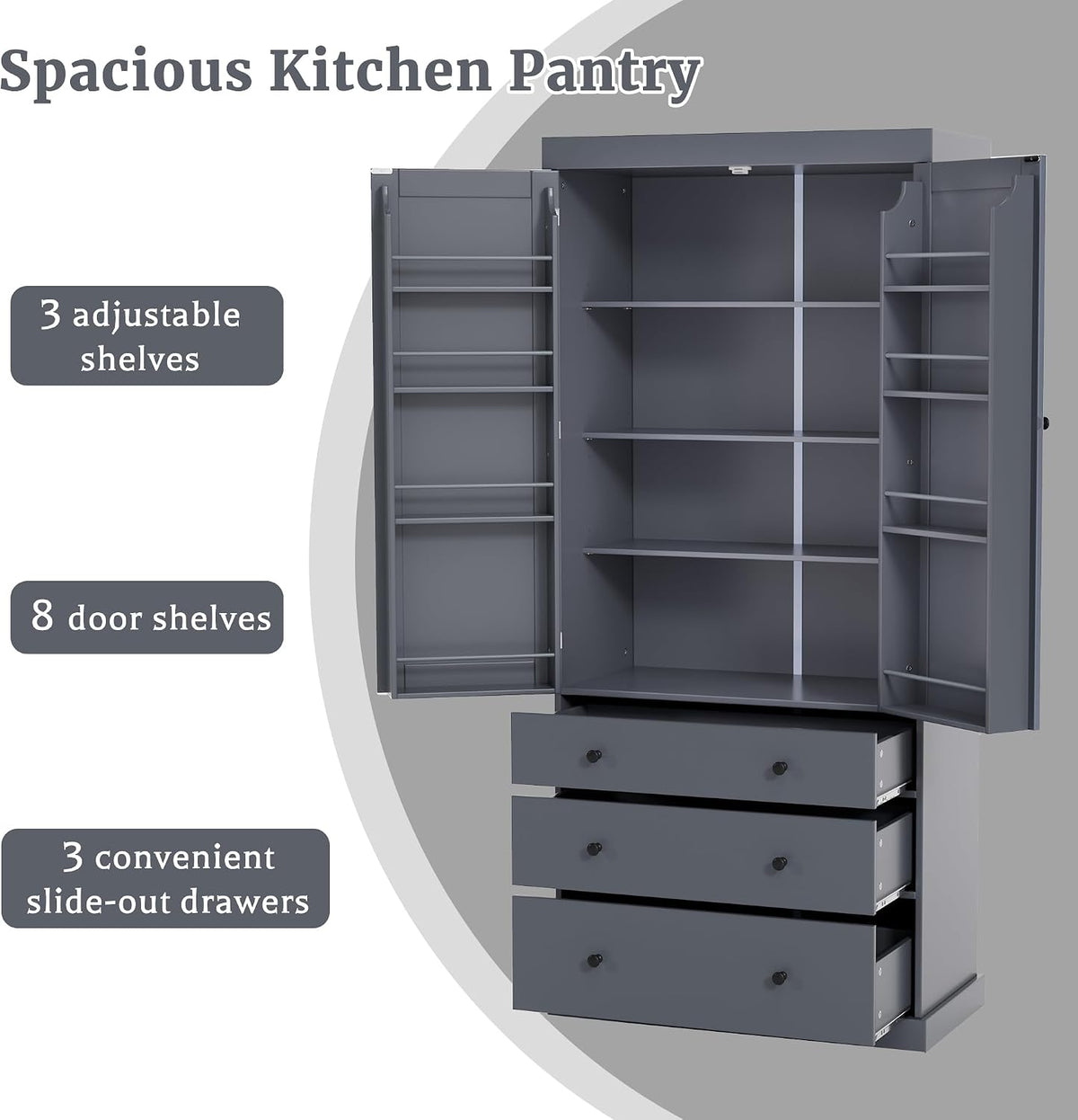 Merax 77" Kitchen Pantry Storage Cabinet with Drawers, Freestanding Bathroom Storage Cabinets with Doors and Shelves, Tall Cupboard Storage Cabinet Food Pantry Cabinet for Dining Room Craft Room, Gray