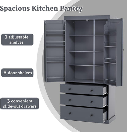 Merax 77" Kitchen Pantry Storage Cabinet with Drawers, Freestanding Bathroom Storage Cabinets with Doors and Shelves, Tall Cupboard Storage Cabinet Food Pantry Cabinet for Dining Room Craft Room, Gray